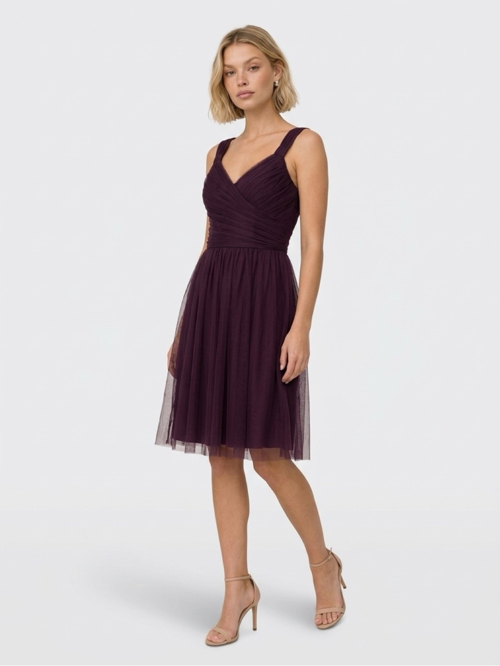 Gather & Gown Plum Sleeveless V-Neck Tulle Midi Dress